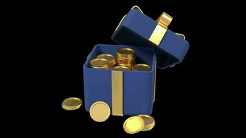 3d abierto regalo caja con dorado monedas y cinta animación. dinero premio premio. ganar punto y obtener recompensas sin costura y serpenteado animación. transparente antecedentes con alfa canal video