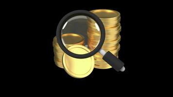 Magnifying glass with stack of golden coins animation. Dollar and magnifying glass. Business research concept. Transparent background with alpha channel video