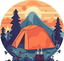 The atmosphere of traveling to relax by hiking. Camping among mountains and forests. Vector illustration on flat style.