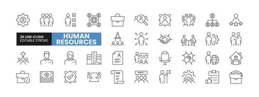 Set of 36 Human Resources line icons set. Human Resources outline icons with editable stroke collection. Includes Team, Portfolio, Organisation, Vacant Place, Salary, and More. vector