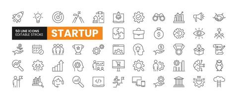 Set of 50 Business Startup line icons set. Startup outline icons with editable stroke collection. Includes Mission, Team, Investment, Creativity, Innovation, and More. vector