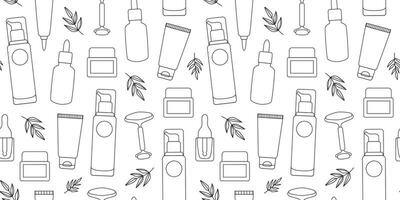 Linear natural cosmetics seamless pattern. Self care. Everyday beauty routine. Outline background, wrapping paper. Line art. vector