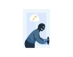 an illustration of a thief or robber trying to open a house door with a lockpick. try to open the locked door. Lockpicking. criminal activity or criminal acts. cartoon illustration design. graphic vector