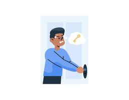 an illustration of a man panicking because he cannot open the door of the house. couldn't open the door because he lost the key. try to open the locked door. cartoon illustration design. graphic vector