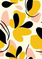 Light abstract floral pattern. Vector illustration. Yellow, pink and black leaves on a beige background. Decorative stylized background