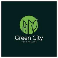 green and healthy modern city with leaf logo design for business, property, building, eco city, future city, architect, environmentally friendly vector
