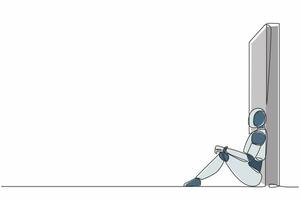 Single continuous line drawing robot sitting on floor and lean against wall. Failure, sad, lonely. Robotic artificial intelligence. Electronic technology. One line graphic design vector illustration