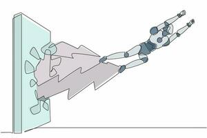 Continuous one line drawing robot punches and breaks the wall. Flying robot breaks the wall. Humanoid robot cybernetic organism. Future robotic. Single line draw design vector graphic illustration