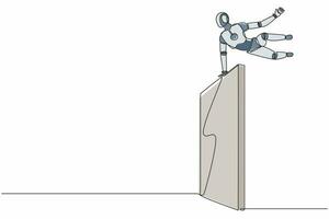 Single one line drawing robot jumps over wall, outside comfort zone. Future technology. Artificial intelligence and machine learning processes. Continuous line draw design graphic vector illustration