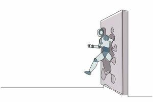 Single one line drawing robot run and breaking through brick wall. Future technology development. Artificial intelligence and machine learning. Continuous line draw design graphic vector illustration