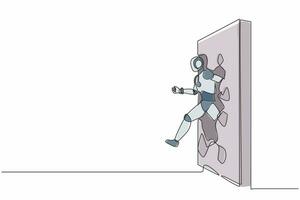 robot de dibujo de una sola línea corriendo y rompiendo la pared de ladrillo. desarrollo tecnológico futuro. Inteligencia artificial y aprendizaje automático. ilustración de vector gráfico de diseño de dibujo de línea continua