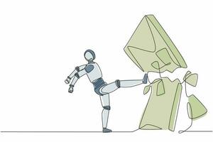 robot de dibujo continuo de una línea haciendo kung fu o patada de karate para destruir la pared de ladrillo. organismo cibernético robot humanoide. futuro desarrollo robótico. ilustración gráfica de vector de diseño de línea única