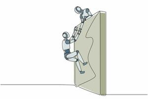 Single continuous line drawing robot helping another robot climb wall. Modern robotic artificial intelligence technology. Electronic technology industry. One line graphic design vector illustration