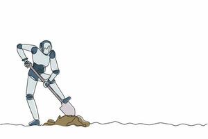 Continuous one line drawing robot step on shovel and digging in dirt to find chest treasure. Humanoid robot cybernetic organism. Future robotics development. Single line design vector illustration