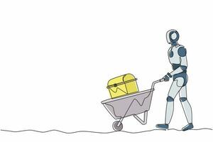 Single one line drawing robot walking and pushing trolley with chest treasure. Future technology development. Artificial intelligence and machine learning. Continuous line design vector illustration