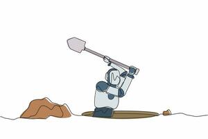 Continuous one line drawing robot digging in dirt using shovel. Humanoid robot cybernetic organism. Future robotics development. Treasure digging. Single line draw design vector graphic illustration