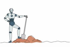 Single continuous line drawing happy robot standing near digging hole after work. Robotic artificial intelligence. Electronic technology industry. One line draw graphic design vector illustration