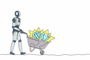 robot de dibujo continuo de una línea que camina y empuja el carro lleno de diamantes. organismo cibernético robot humanoide. futuro concepto de desarrollo de robótica. ilustración gráfica de vector de diseño de línea única