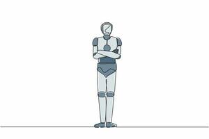 Single one line drawing robot standing with folded arms pose. Future technology development. Artificial intelligence and machine learning processes. Continuous line design graphic vector illustration