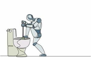 Single continuous line drawing robot fix plumbing toilet leakage or clogging, plumber repair tools. Robotic artificial intelligence. Electronic technology. One line graphic design vector illustration