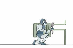 fontanero robot de dibujo de una línea continua reparación e instalación del radiador del calentador de baterías. organismo cibernético robot humanoide. futura robótica. ilustración gráfica de vector de diseño de línea única