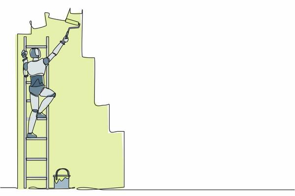 Single continuous line drawing robot painter standing on staircase paints wall with paint roller. Robotic artificial intelligence. Electronic technology. One line graphic design vector illustration