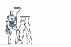 Single one line drawing robot painter standing with painting roller, with bucket and ladder. Future technology. Artificial intelligence and machine learning. Continuous line design vector illustration