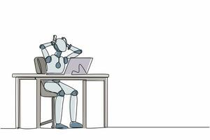 Single one line drawing frustrated robot sitting at laptop, holding head. Future technology development. Artificial intelligence machine learning. Continuous line design graphic vector illustration