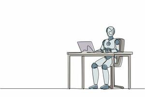 Single continuous line drawing robot writing and sitting in front of laptop at table. Robotic artificial intelligence. Electronic technology industry. One line draw graphic design vector illustration