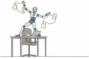 Single one line drawing happy robot dancing on desk celebrating win with throwing papers. Future technology. Artificial intelligence machine learning. Continuous line draw design vector illustration