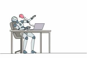 Single continuous line drawing robot being punched by boxing gloves from computer laptop. Cyber bullying. Robotic artificial intelligence. Electronic technology. One line design vector illustration