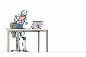 Continuous one line drawing robot standing and hugging laptop at office. Humanoid robot cybernetic organism. Future robotics development concept. Single line draw design vector graphic illustration