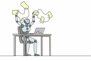 Continuous one line drawing happy robot throwing documents in air, enjoying business success. Humanoid robot cybernetic organism. Future robotic development. Single line design vector illustration