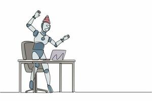 Single continuous line drawing robot stands in office with hand raised, computer celebrating success. Robotic artificial intelligence. Electronic technology. One line draw design vector illustration