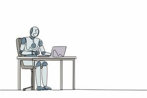 Continuous one line drawing robot giving thumbs up sign in front of computer. Humanoid robot cybernetic organism. Future robotics development concept. Single line design vector graphic illustration