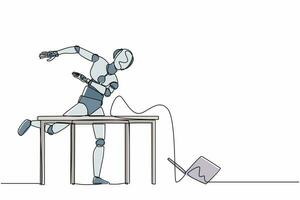 Continuous one line drawing frustrated robot is angry and throwing laptop. Humanoid robot cybernetic organism. Future robotics development concept. Single line draw design vector graphic illustration