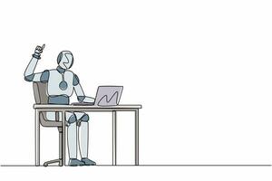 Single continuous line drawing robot getting bright new idea while working with laptop on desk. Robotic artificial intelligence. Electronic technology. One line draw graphic design vector illustration