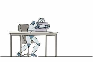 robot de dibujo de una sola línea continua sentado y abrazando la computadora portátil en la oficina. Inteligencia artificial robótica moderna. industria de la tecnología electrónica-. Ilustración de vector de diseño gráfico dinámico de una línea