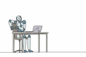 Single continuous line drawing scared robot looking at laptop computer screen. Modern robotic artificial intelligence. Electronic technology industry. One line draw graphic design vector illustration