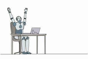 Single one line drawing happy robot at desk celebrating win with hands raised. Future technology development. Artificial intelligence and machine learning. Continuous line design vector illustration