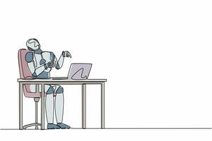 Continuous one line drawing robot manager laughing out loud while pointing his finger at laptop. Humanoid robot cybernetic organism. Future robotic development. Single line design vector illustration