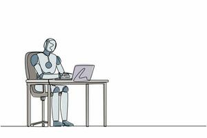 Continuous one line drawing robot working, typing and sending messages at desk. Humanoid robot cybernetic organism. Future robotics development. Single line draw design vector graphic illustration