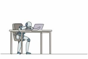 Single one line drawing robot throwing tantrum in office holding head with hands. Future technology development. Artificial intelligence machine learning. Continuous line design vector illustration