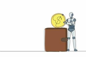 Continuous one line drawing robot putting dollar coin into big wallet. Humanoid robot cybernetic organism. Future robotics development concept. Single line draw design vector graphic illustration