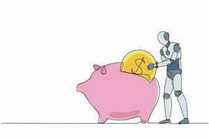 Continuous one line drawing robot putting dollar coin into piggy bank. Humanoid robot cybernetic organism. Future robotics development concept. Single line draw design vector graphic illustration