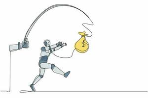 Single continuous line drawing hand with fishing pole and money bag control greedy robot. Robotic artificial intelligence. Electronic technology. One line draw graphic design vector illustration