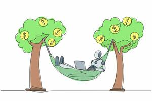 Single continuous line drawing robot typing with laptop in hammock tied on money tree with dollar coin. Robotic artificial intelligence. Electronic technology. One line draw design vector illustration