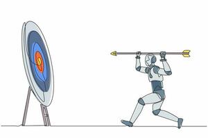 Single one line drawing robot point big arrow on target. Goal achievement. Future technology development. Artificial intelligence and machine learning. Continuous line draw design vector illustration