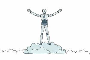 Continuous one line drawing robot on top of cloud with raised hands. Humanoid robot cybernetic organism. Future robotic development. Peaceful, happiness. Single line design vector graphic illustration