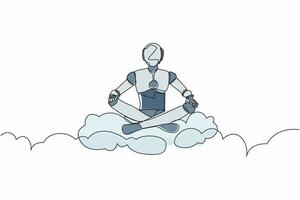 Single one line drawing robot relaxes meditation in lotus position on clouds. Future technology development. Artificial intelligence machine learning. Continuous line draw design vector illustration